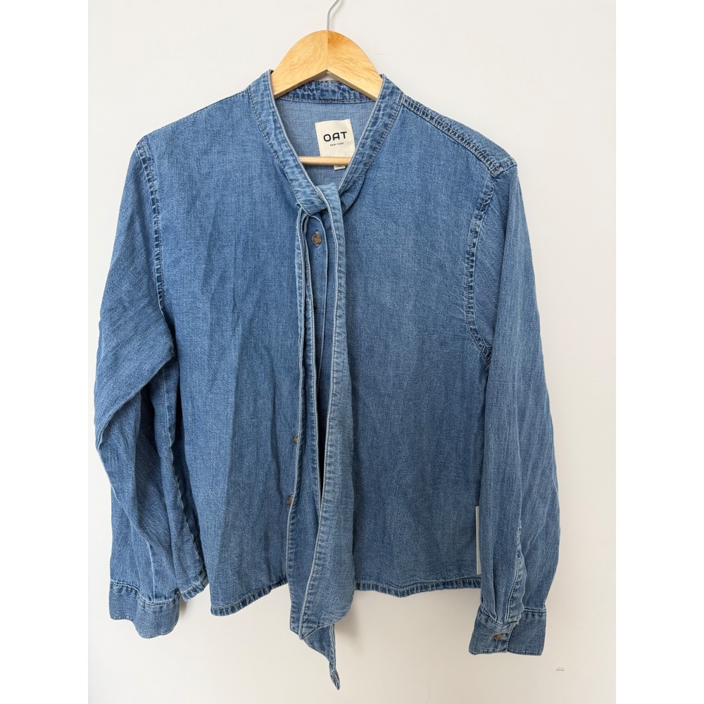 OAT Denim Top Womens M Tie Neck TO165-IM Medium Wash NWT